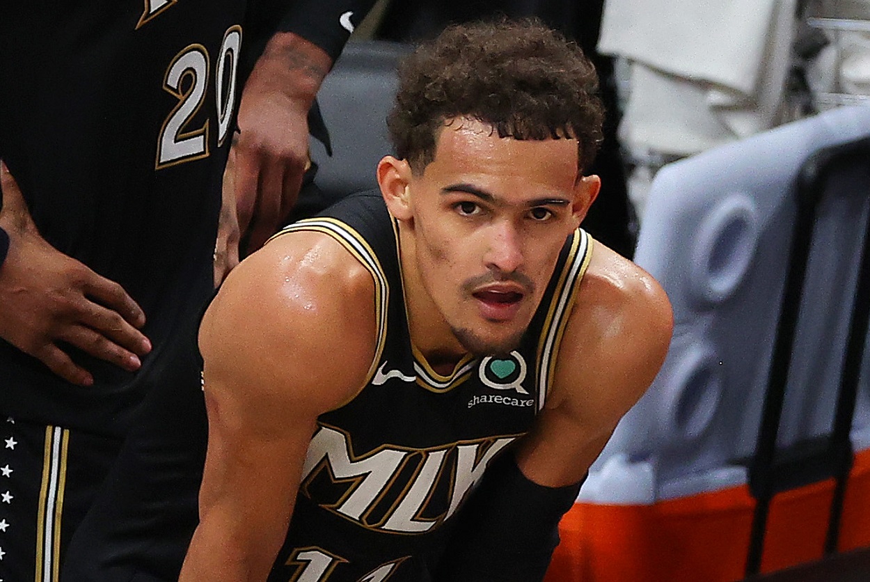 Trae Young of the Atlanta Hawks looks on in the final seconds of the team's loss to the Milwaukee Bucks in Game 6 of the Eastern Conference finals.