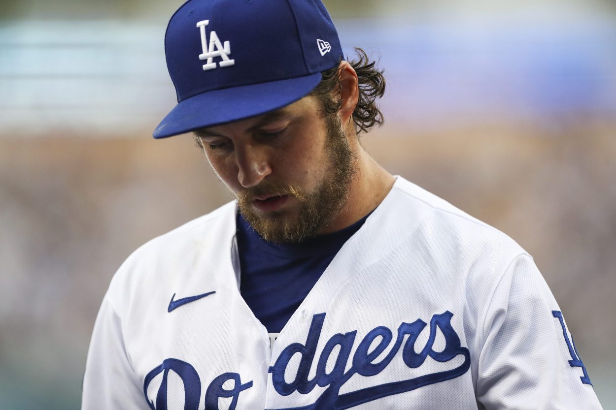 Los Angeles Dodgers pitcher Trevor Bauer walks off the mound during a start earlier this season
