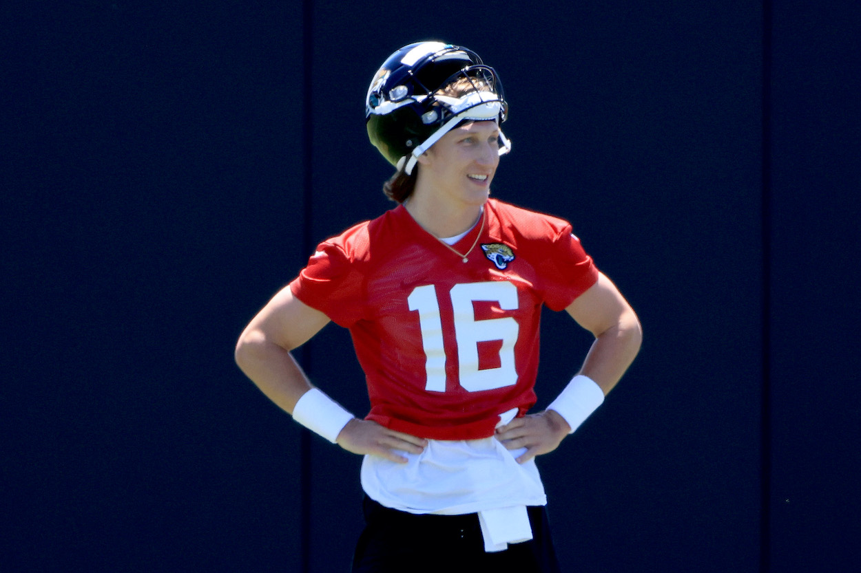 Trevor Lawrence of the Jacksonville Jaguars participates in drills during Jacksonville Jaguars Training Camp at TIAA Bank Field on May 15, 2021 in Jacksonville, Florida.