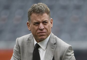 Fox Sports analyst Troy Aikman on the field before the game between the Chicago Bears and New Orleans Saints on Oct. 20, 2019.