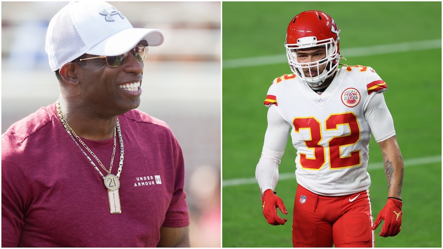 Chiefs safety Tyrann Mathieu (R) and NFL legend Deion Sanders (L).