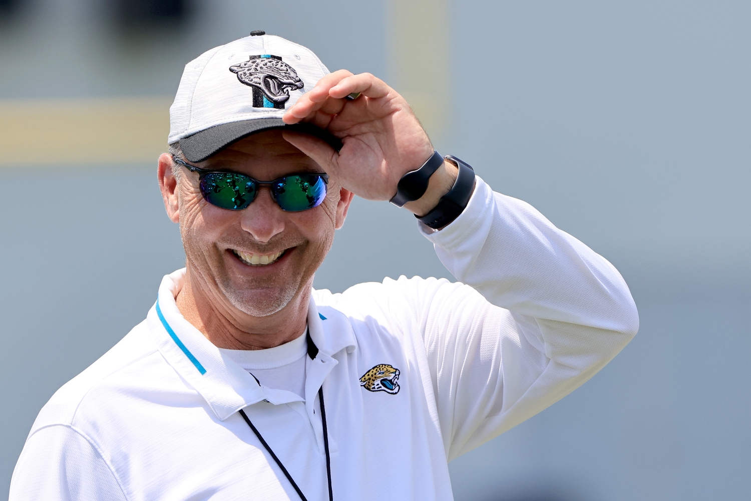Jaguars head coach Urban Meyer smiles during practice.