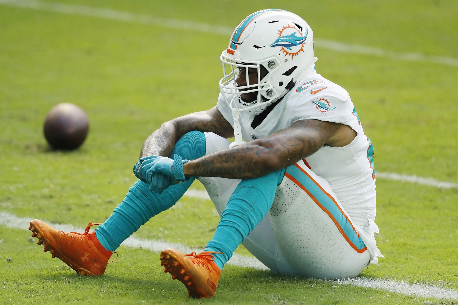 Miami Dolphins cornerback Xavien Howard reacts after dropping an interception against the Buffalo Bills on Sept. 20, 2020. Howard went on to lead the NFL with 10 interceptions in an All-Pro season. | Michael Reaves/Getty Images
