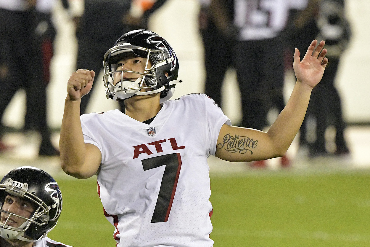 Younghoe Koo of the Atlanta Falcons kicks a field goal against the Carolina Panthers during the third quarter at Bank of America Stadium on October 29, 2020 in Charlotte, North Carolina.