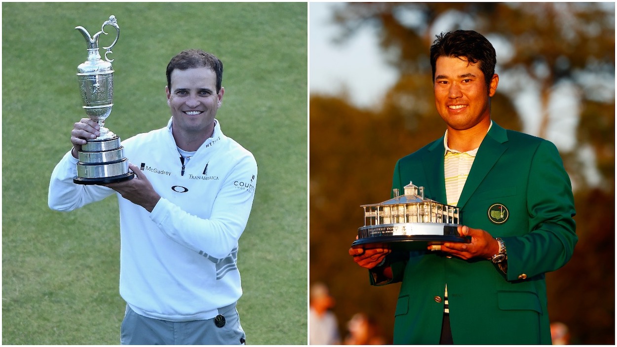 (L-R) Zach Johnson of the United States celebrates with the Claret Jug after winning during the play off of the 144th Open Championship at The Old Course on July 20, 2015 in St Andrews, Scotland; Hideki Matsuyama of Japan poses with the Masters Trophy during the Green Jacket Ceremony after winning the Masters at Augusta National Golf Club on April 11, 2021 in Augusta, Georgia. Both have opted-out of the 2021 British Open.