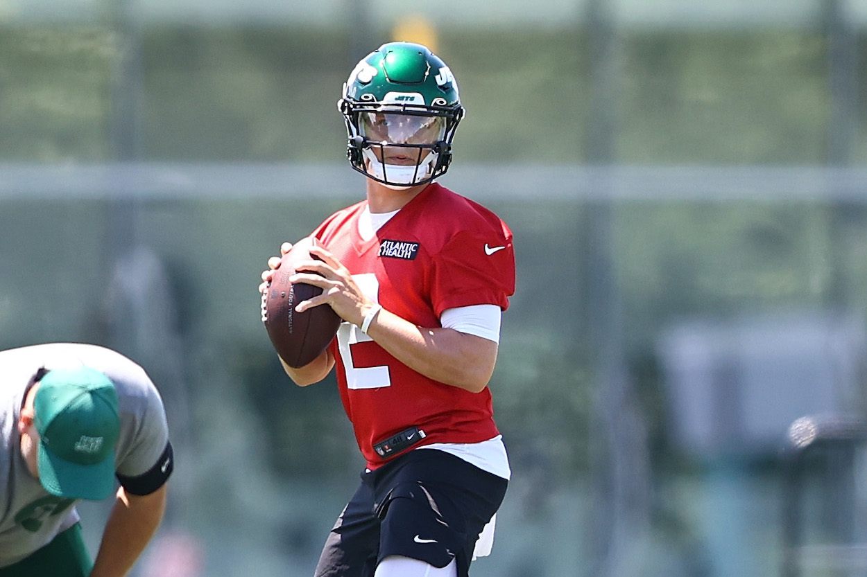 Zach Wilson of the New York Jets , who Chris Simms ranks as the best QB of the 2021 NFL draft, runs drills during New York Jets Mandatory Minicamp.