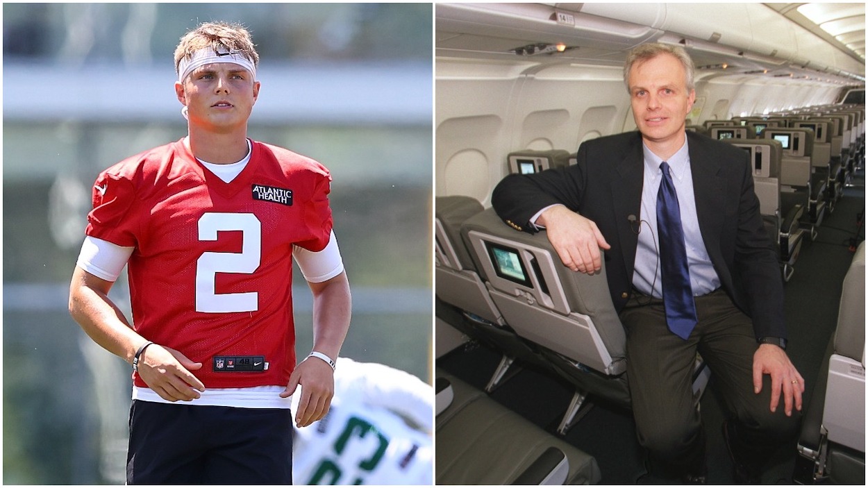 (L-R) Zach Wilson of the New York Jets runs drills during New York Jets Mandatory Minicamp on June 15, 2021 at Atlantic Health Jets Training Center in Florham Park, New Jersey; JetBlue founder and former CEO David Neeleman in an aircraft belonging to his airlines, each seat has 24-channel TV.