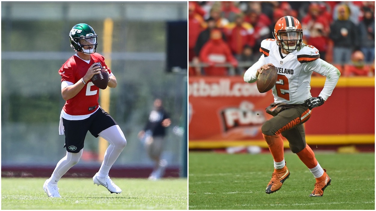 (L-R) Zach Wilson of the New York Jets runs drills during New York Jets Mandatory Minicamp on June 15, 2021 at Atlantic Health Jets Training Center in Florham Park, New Jersey; Quarterback Johnny Manziel of the Cleveland Browns rushes up field against the Kansas City Chiefs during the second half on December 27, 2015 at Arrowhead Stadium in Kansas City, Missouri.