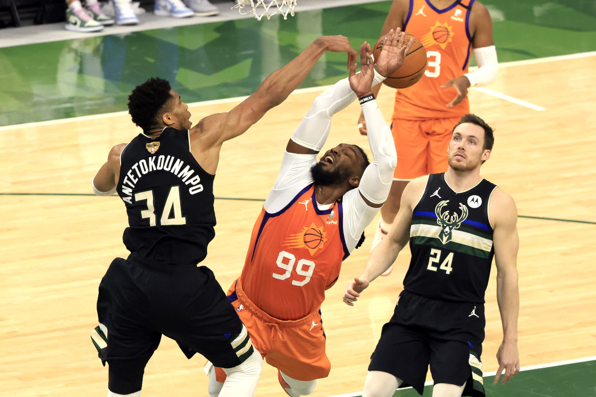 Giannis Antetokounmpo blocks a shot by Jae Crowder in Game 6 of the NBA Finals