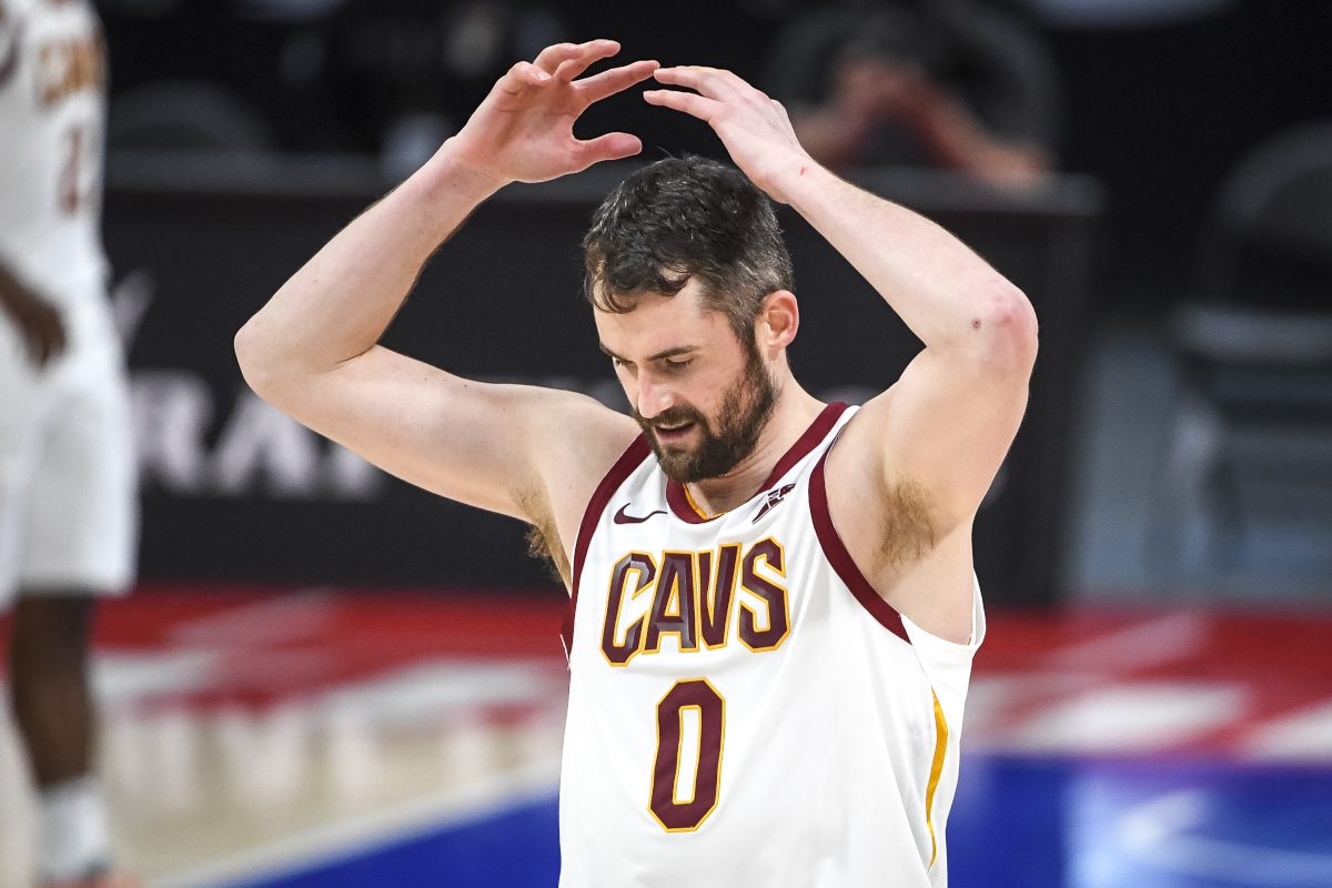 Kevin Love of the Cleveland Cavalier reacts to a play
