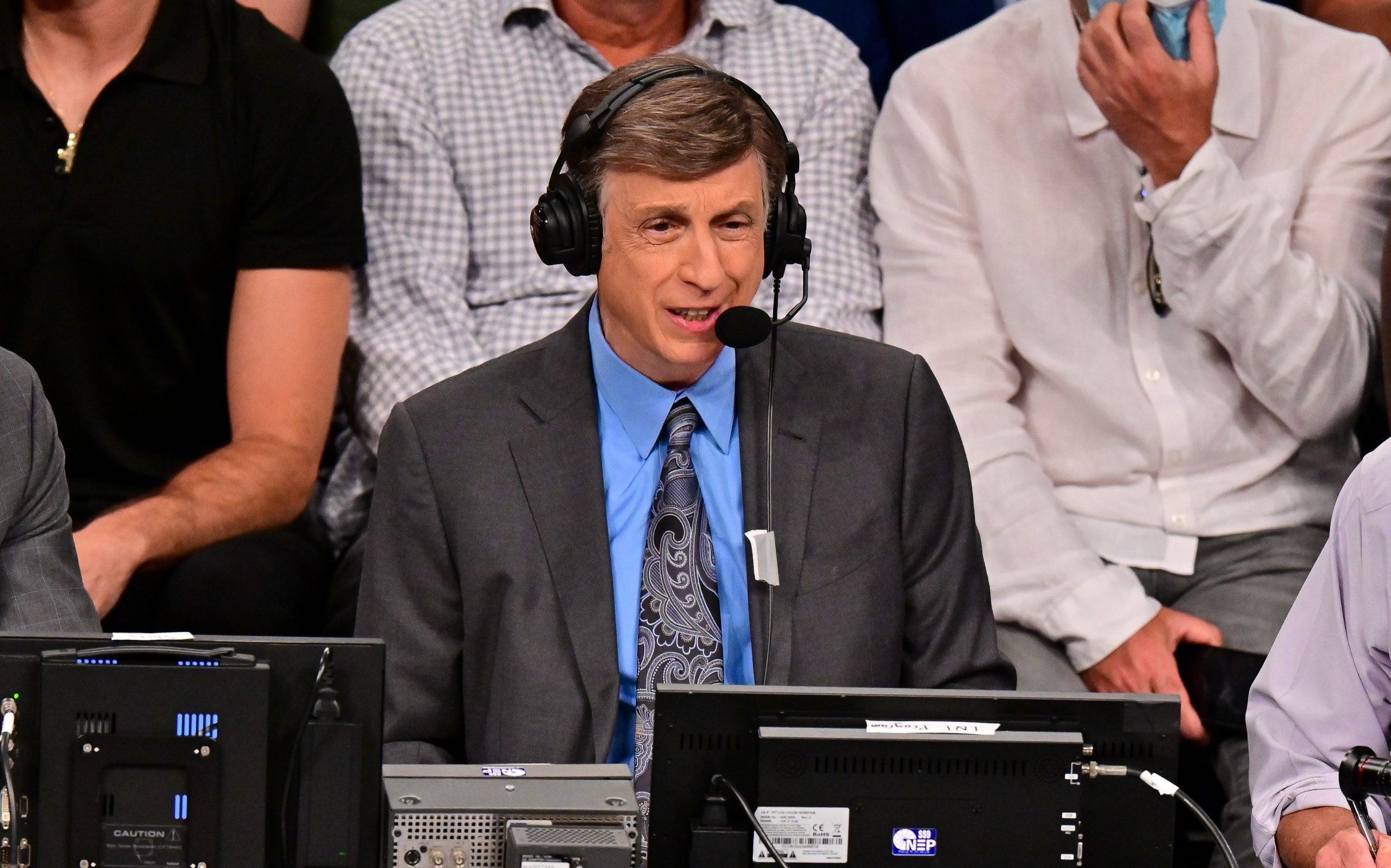 Marv Albert broadcasting the game between the Brooklyn Nets and the Milwaukee Bucks on June 15.