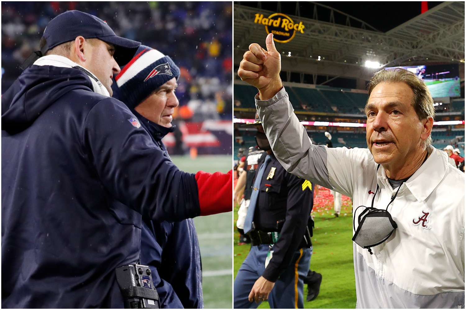 Joe Judge speaks to New England Patriots head coach Bill Belichick during a game as Alabama Crimson Tide coach Nick Saban gives a thumbs up after winning his most recent national championship.