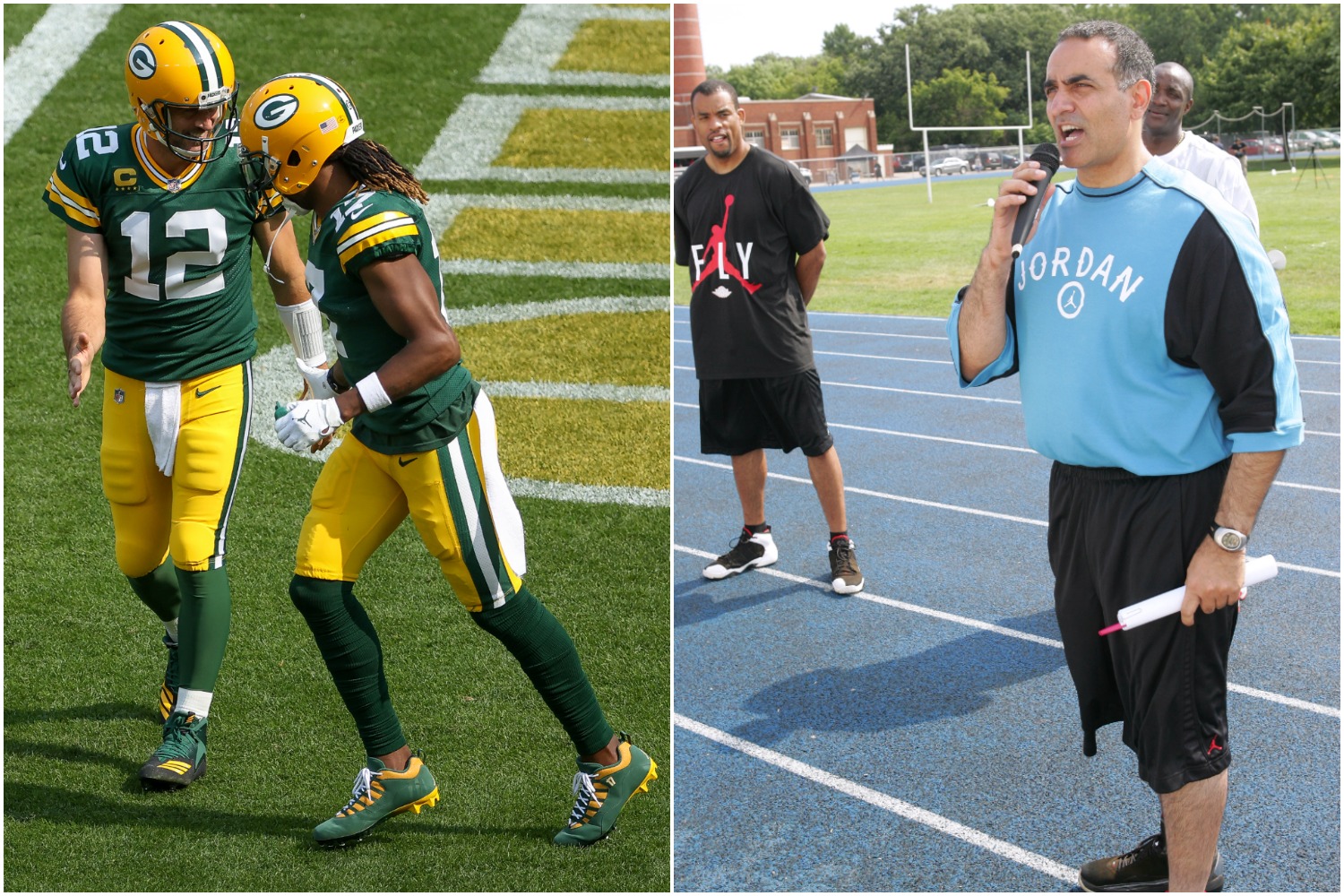 Green Bay Packers teammates Aaron Rodgers and Davante Adams celebrate scoring a touchdown as Michael Jordan's legendary trainer, Tim Grover, speaks to kids at an event.