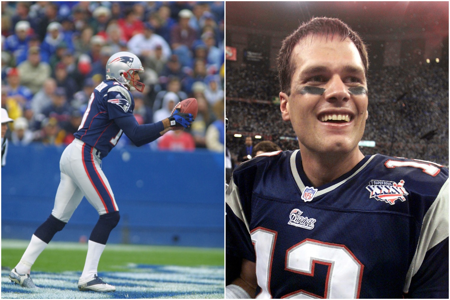 Lee Johnson delivers a punt for the Patriots as Tom Brady smiles after winning Super Bowl 36.