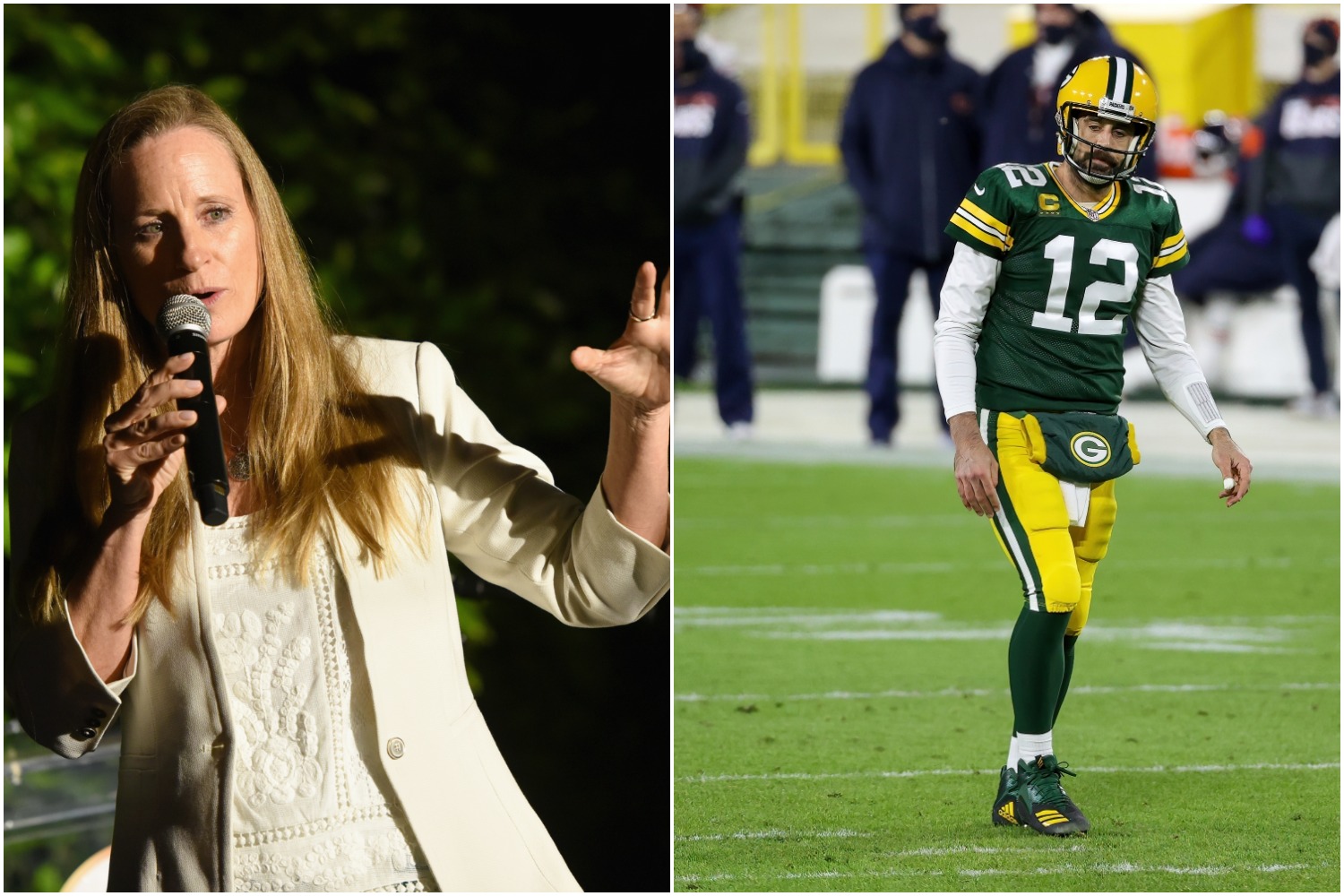 Lori Woodley speaks at an event as Packers QB Aaron Rodgers walks across the field.