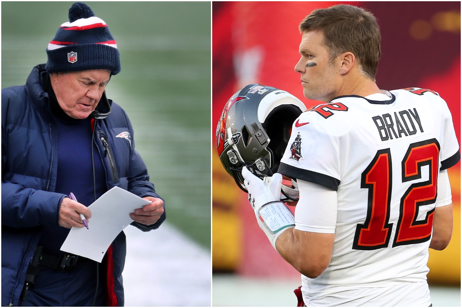 New England Patriots head coach Bill Belichick looks at his play sheet as Tampa Bay Buccaneers quarterback Tom Brady prepares to put his helmet on.