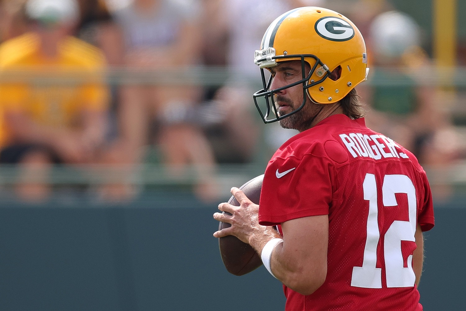 Aaron Rodgers of the Green Bay Packers works out during training camp in Ashwaubenon, Wisconsin. | Stacy Revere/Getty Images