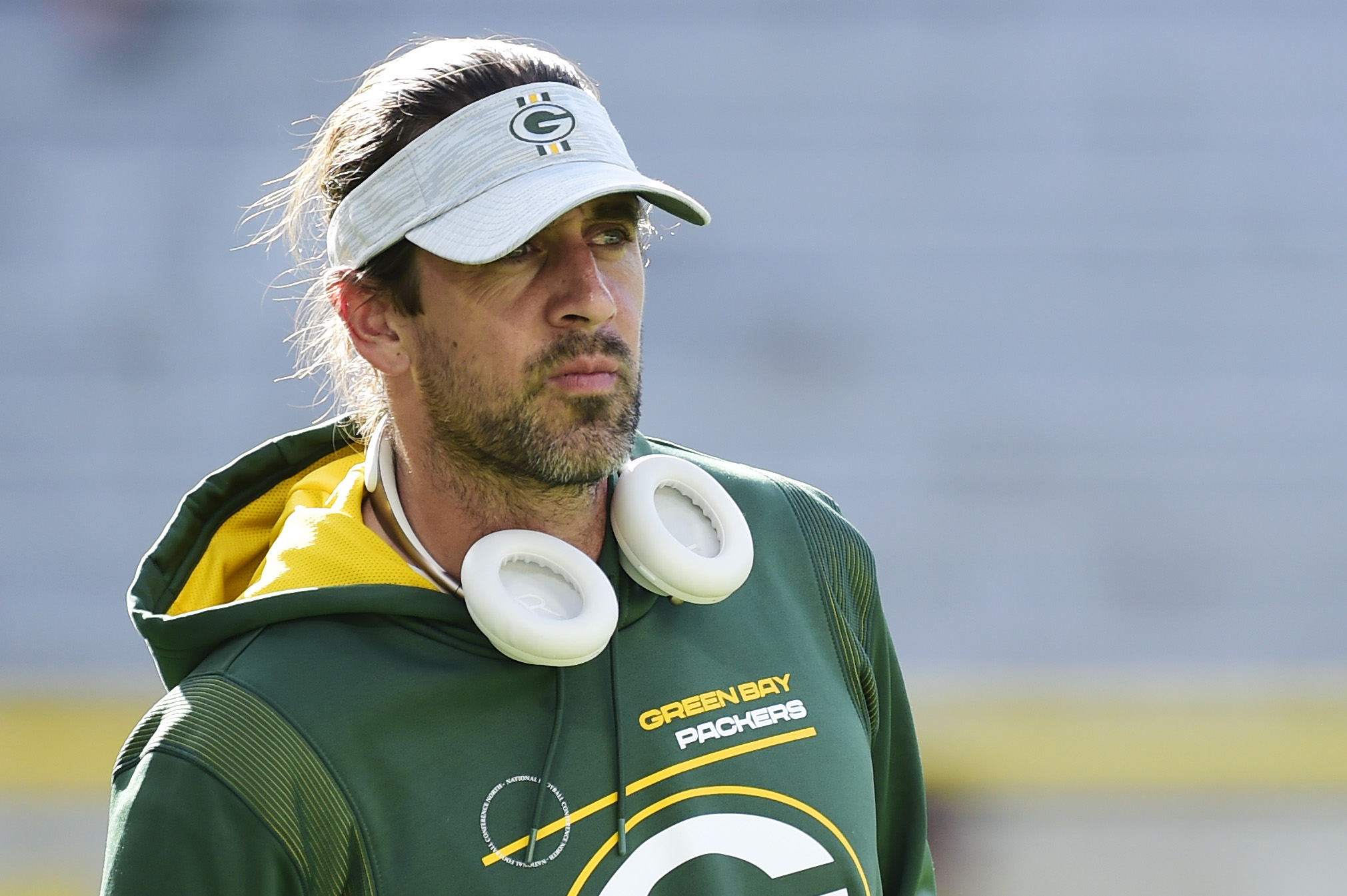 Packers quarterback Aaron Rodgers looks on ahead of the team's first preseason game