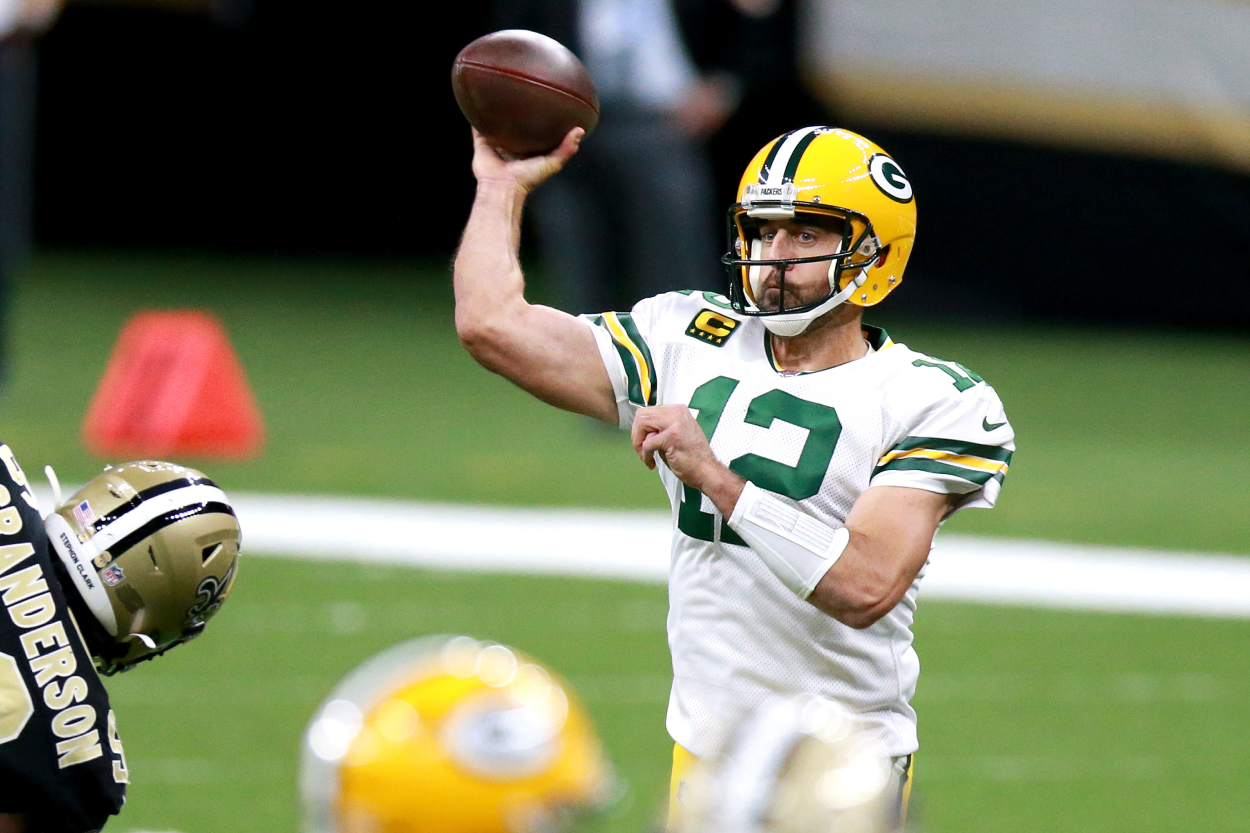 Green Bay Packers' quarterback Aaron Rodgers against the New Orleans Saints in 2020.