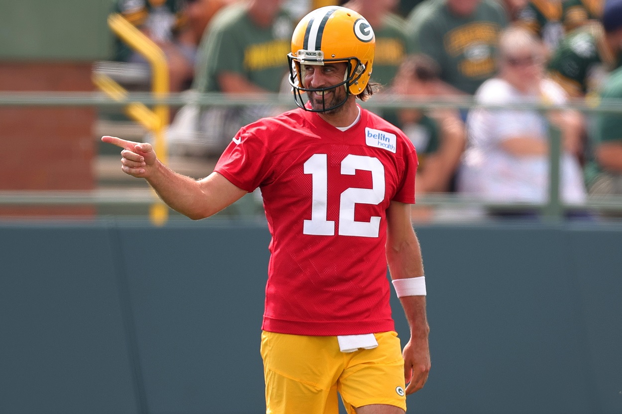 Aaron Rodgers during Green Bay Packers training camp on July 29, 2021