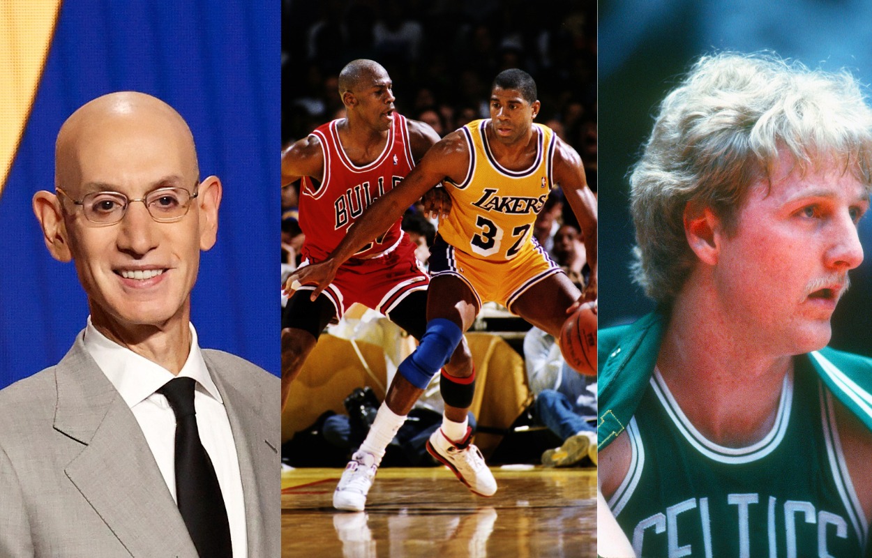 NBA commissioner Adam Silver (L) and legends Michael Jordan and Magic Johnson (middle) and Larry Bird.