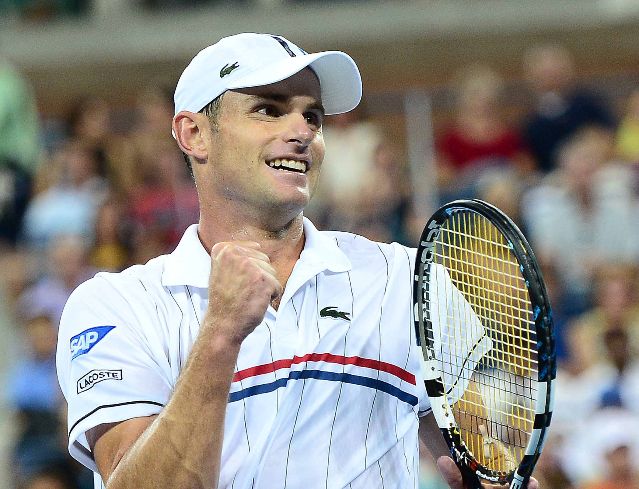 US Andy Roddick reacts after winning against Australia's Bernard Tomic during their 2012 US Open men's singles match.