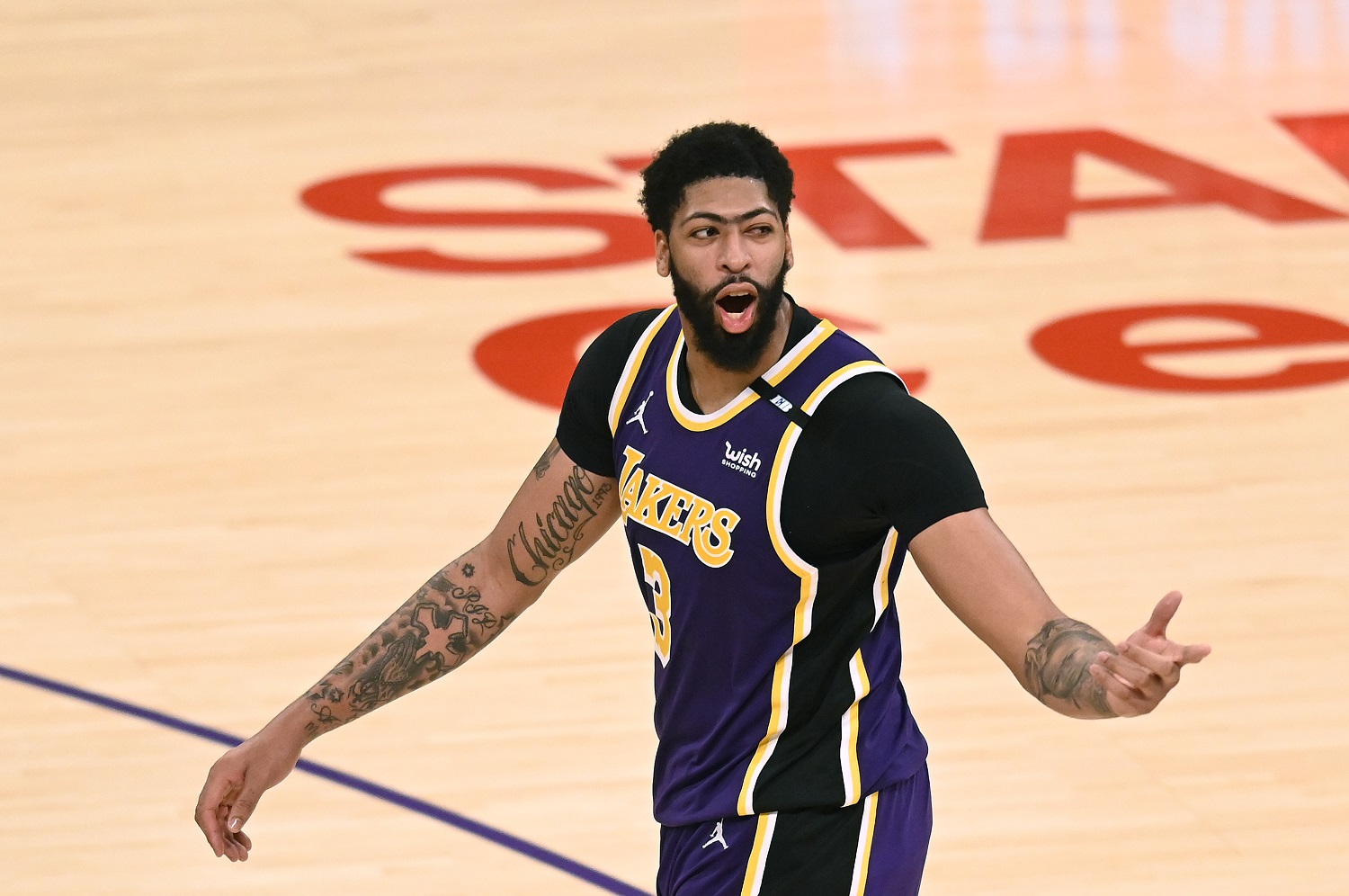Anthony Davis of the Los Angeles Lakers reacts to a fan after a 101-99 win over the New York Knicks at Staples Center on May 11, 2021. | Harry How/Getty Images