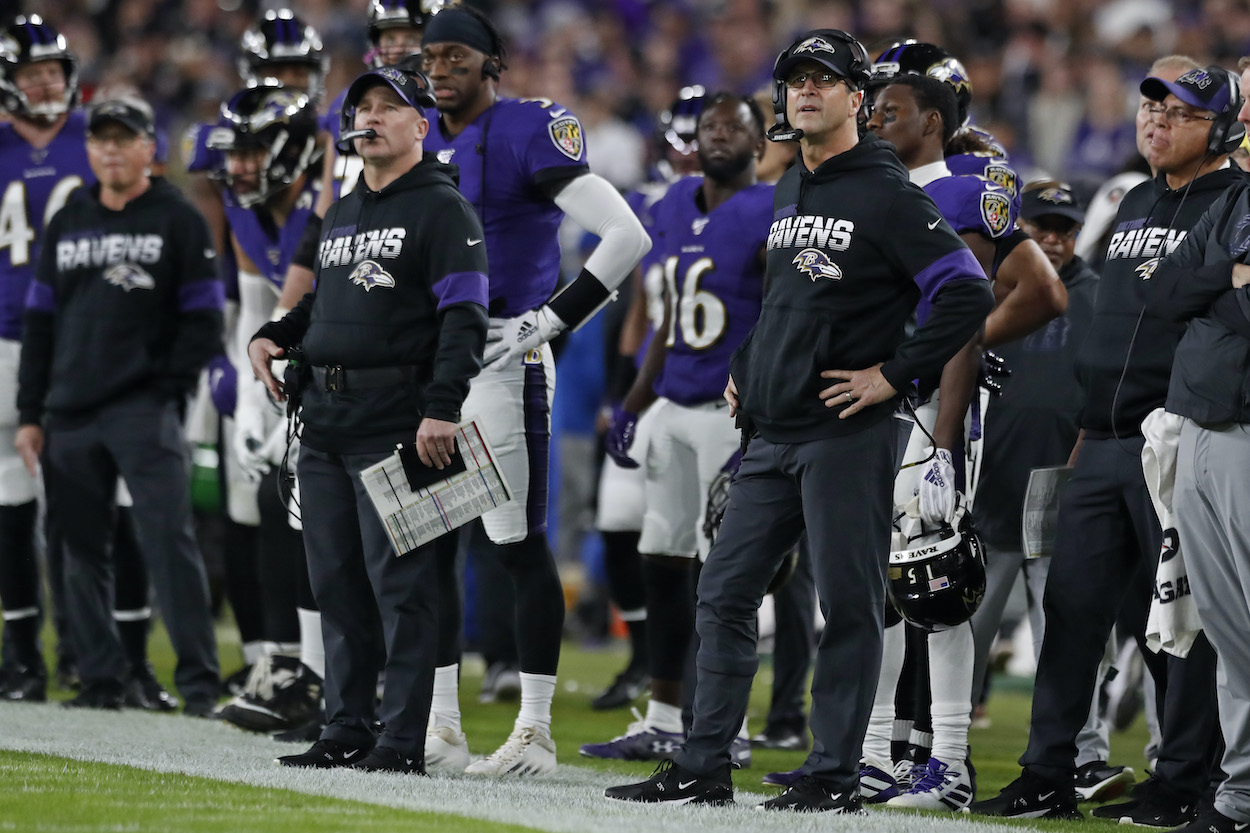 Head Coach John Harbaugh of the Baltimore Ravens looks on from the sidelines during the third quarter of the AFC Divisional Playoff game against the Tennessee Titans at M&T Bank Stadium on January 11, 2020 in Baltimore, Maryland.