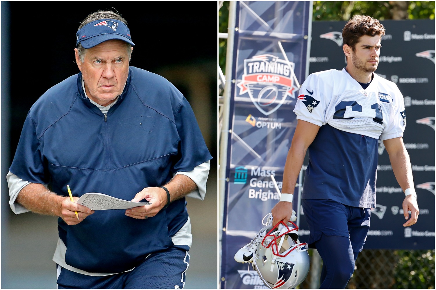 New England Patriots head coach Bill Belichick holds a play sheet as kicker Quinn Nordin heads to practice.