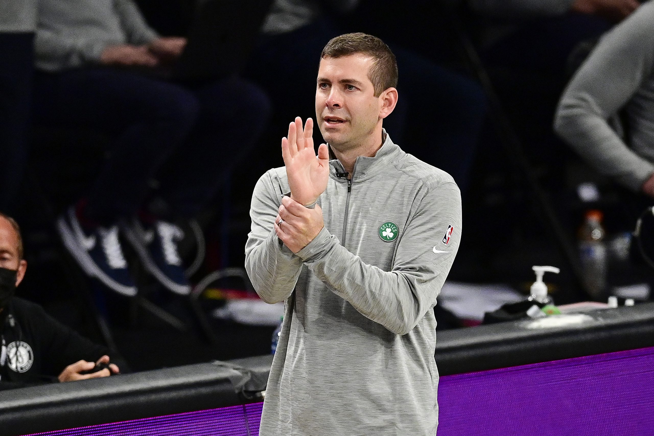 Brad Stevens of the Boston Celtics reacts against the Brooklyn Nets in Game 5 of the First Round of the 2021 NBA Playoffs.