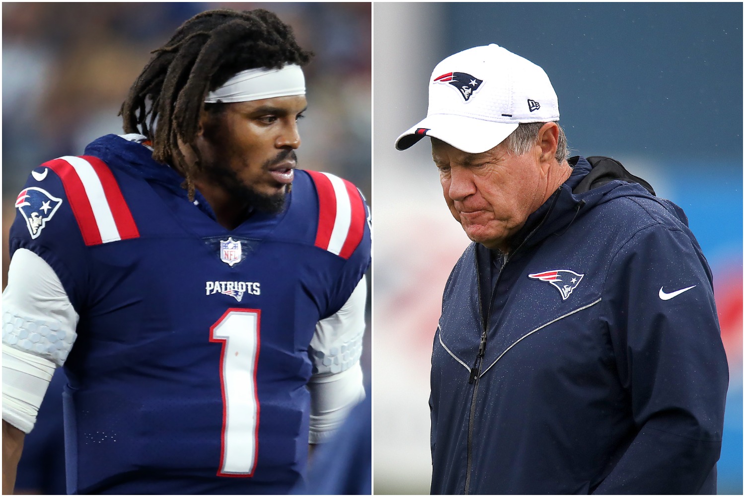 New England Patriots QB Cam Newton looks on as Bill Belichick walks onto the field.