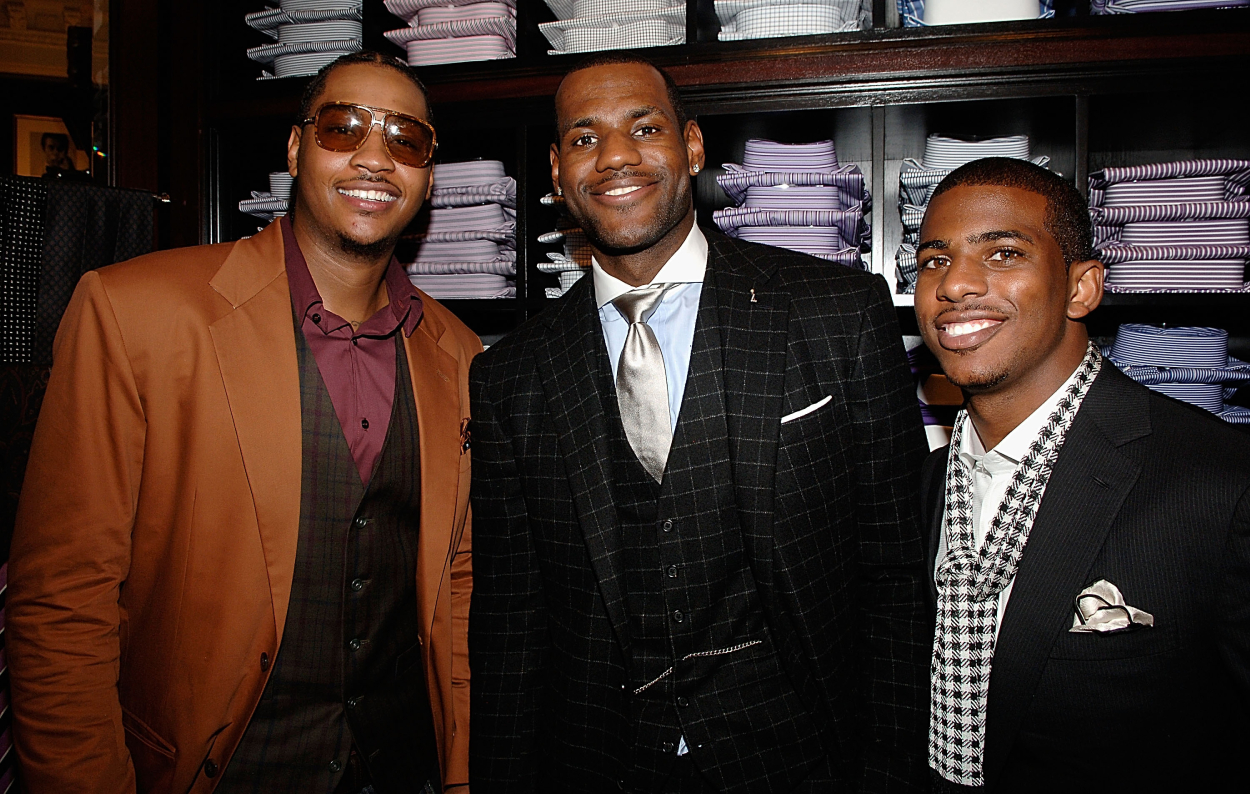 Three of the four Banana Boat Crew members, Carmelo Anthony, LeBron James, and Chris Paul.