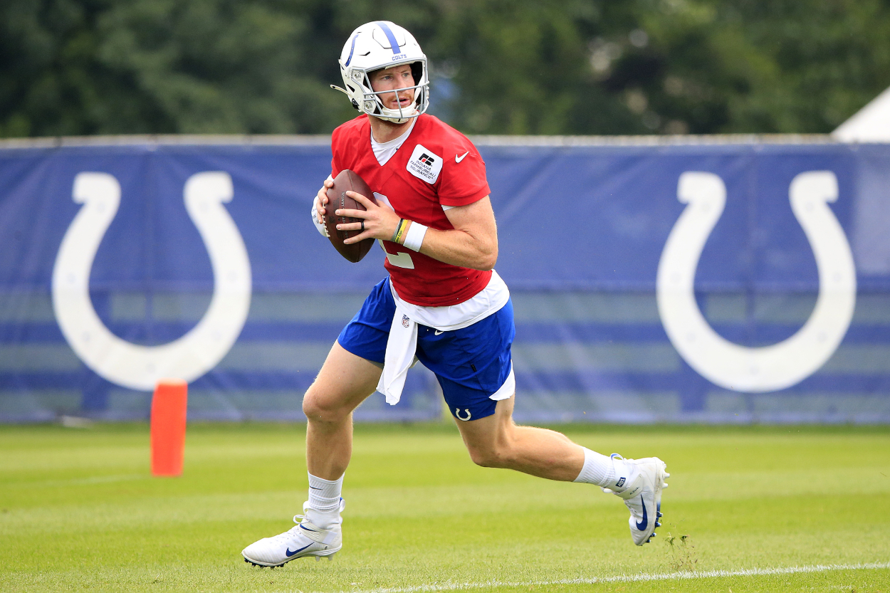 Colts quarterback Carson Wentz looking for a receiver at training camp.