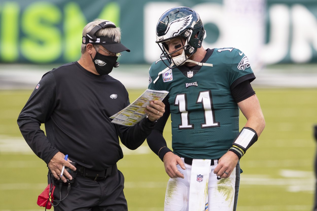 Former Philadelphia Eagles head coach Doug Pederson said he and ex-Eagles quarterback Carson Wentz in 2020.