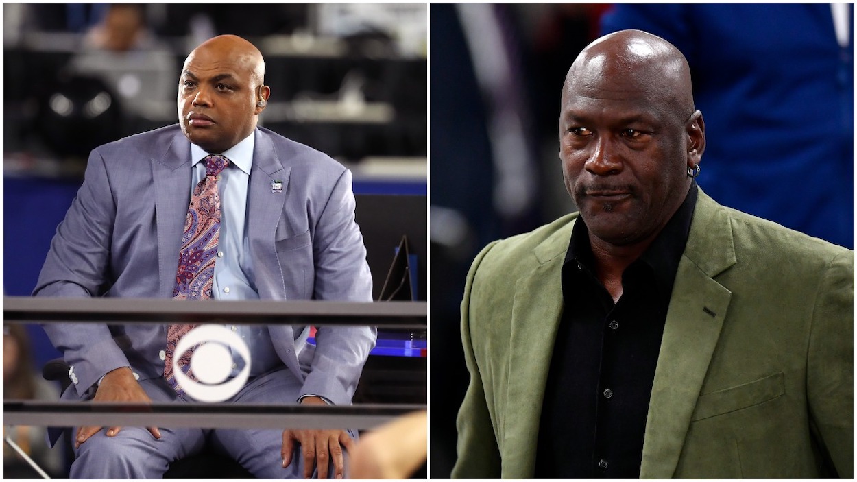 (L-R) CBS commentator Charles Barkley looks on during the 2019 NCAA Final Four semifinal between the Auburn Tigers and the Virginia Cavaliers at U.S. Bank Stadium on April 6, 2019 in Minneapolis, Minnesota; Michael Jordan attends a press conference before the NBA Paris Game match between Charlotte Hornets and Milwaukee Bucks on January 24, 2020 in Paris, France.