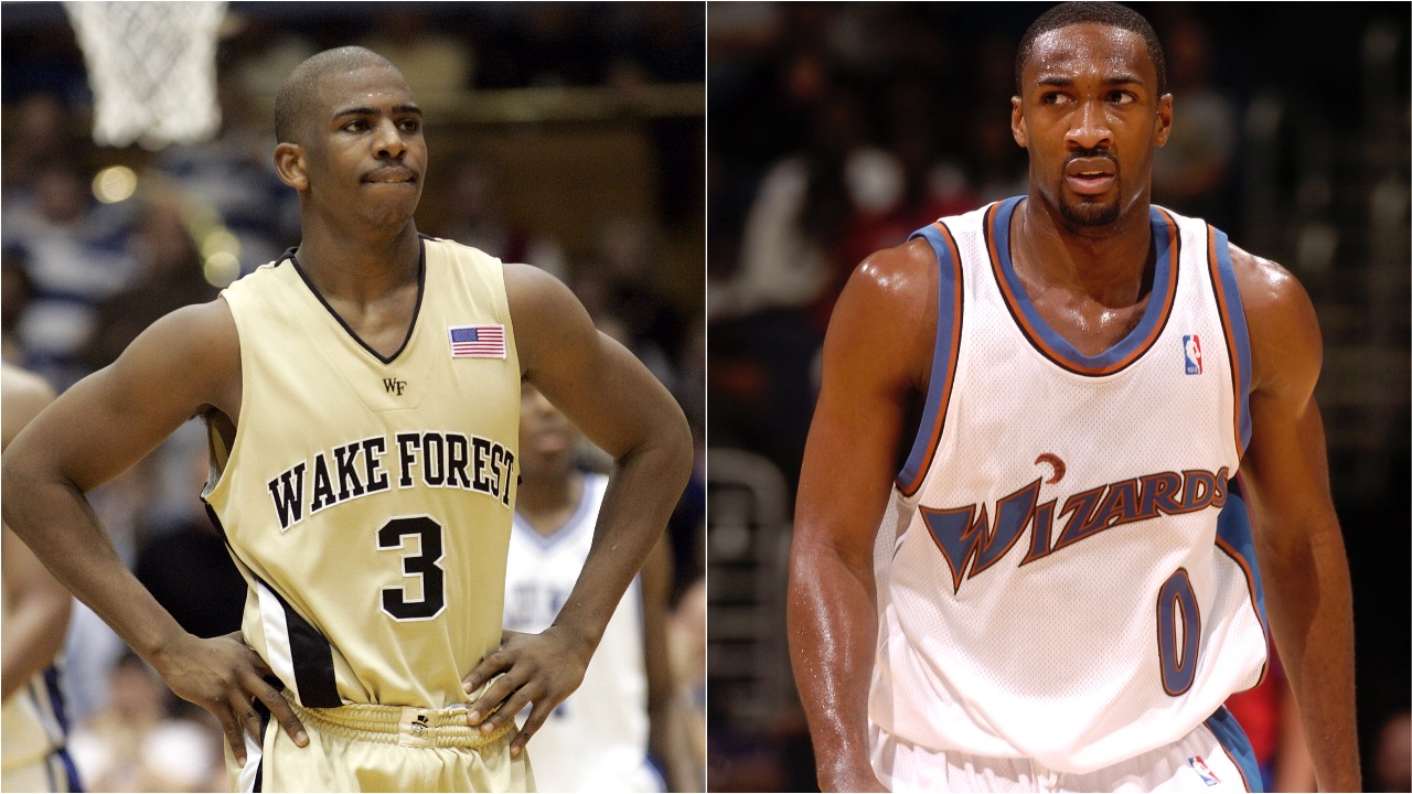 Chris Paul and Gilbert Arenas standing on a basketball court