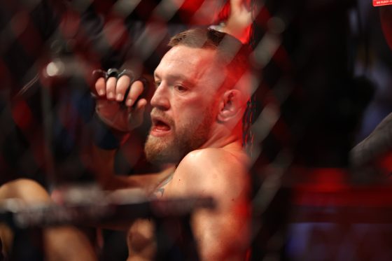 Conor McGregor reacts after his loss to Dustin Poirier at UFC 264