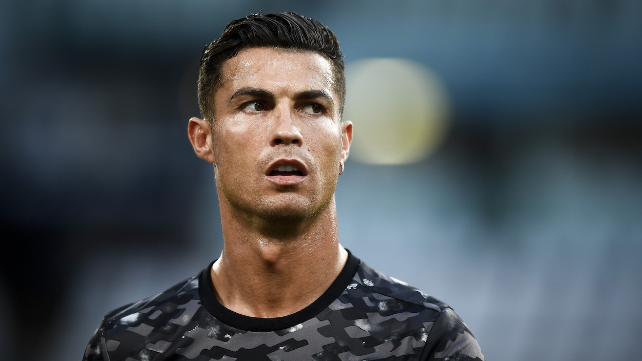Cristiano Ronaldo of Juventus FC looks on during warmup prior to the friendly football match between Juventus FC and Atalanta BC.