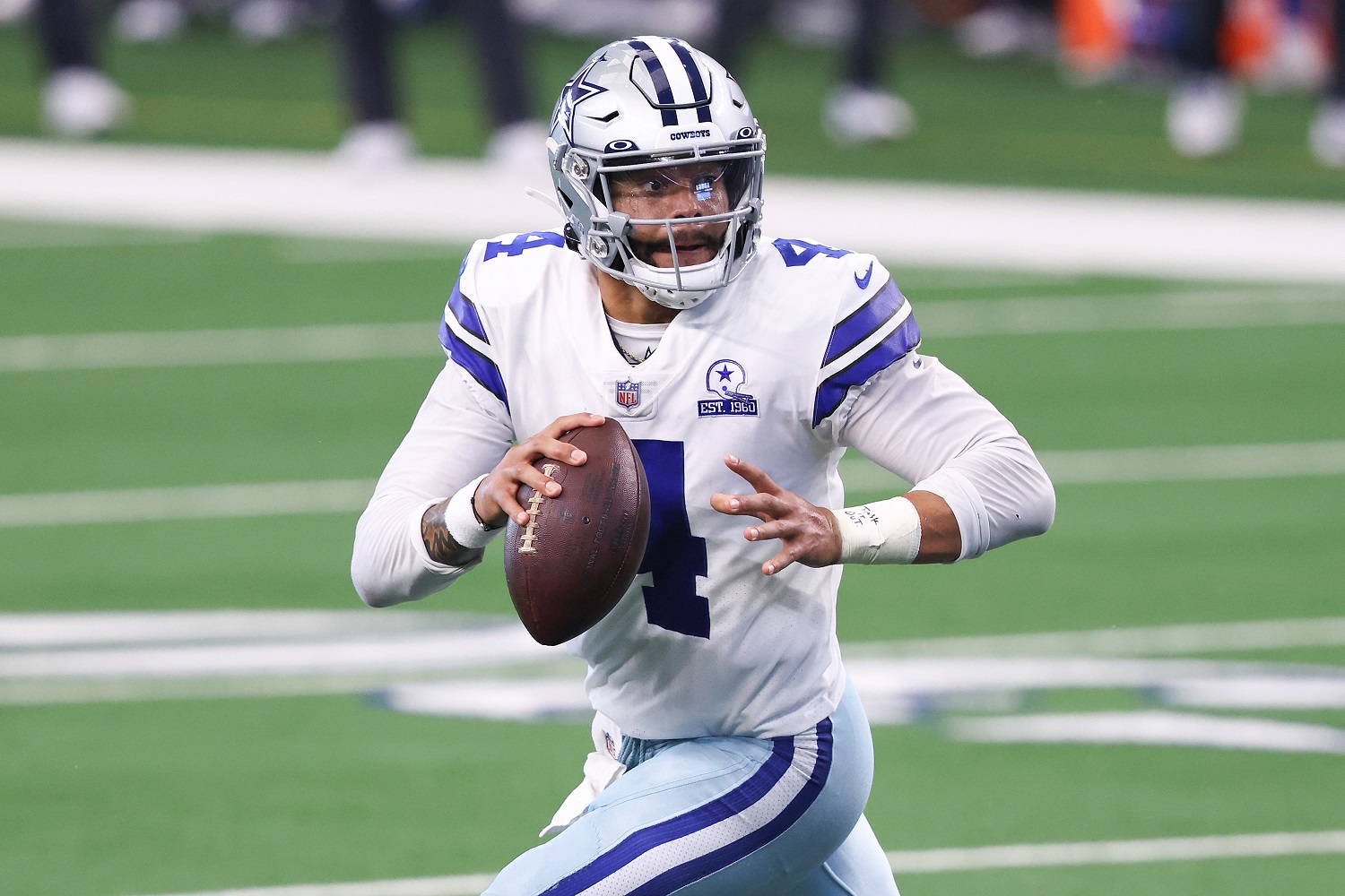 Dak Prescott of the Dallas Cowboys attempts a pass against the New York Giants during the second quarter at AT&T Stadium on Oct. 11, 2020 in Arlington, Texas. | Tom Pennington/Getty Images