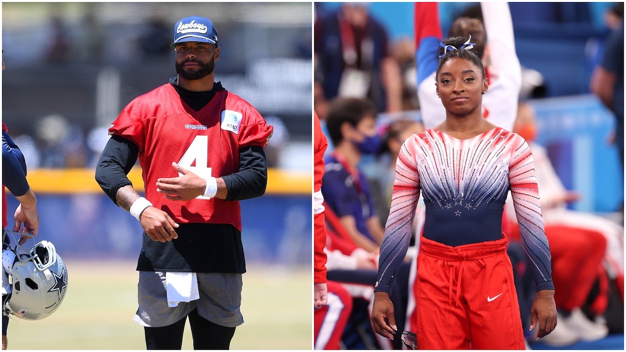 (L-R) Quarterback Dak Prescott of the Dallas Cowboys during training camp at River Ridge Complex on August 3, 2021 in Oxnard, California; Simone Biles of Team United States looks on during the Women's Balance Beam Final on day eleven of the Tokyo 2020 Olympic Games at Ariake Gymnastics Centre on August 03, 2021 in Tokyo, Japan.