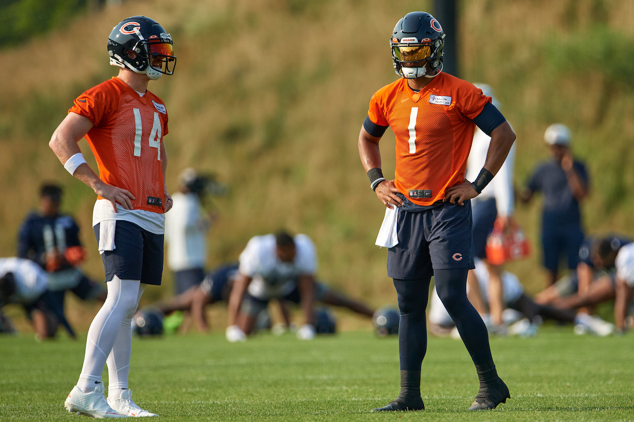 Andy Dalton and Justin Fields at Chicago Bears training camp.