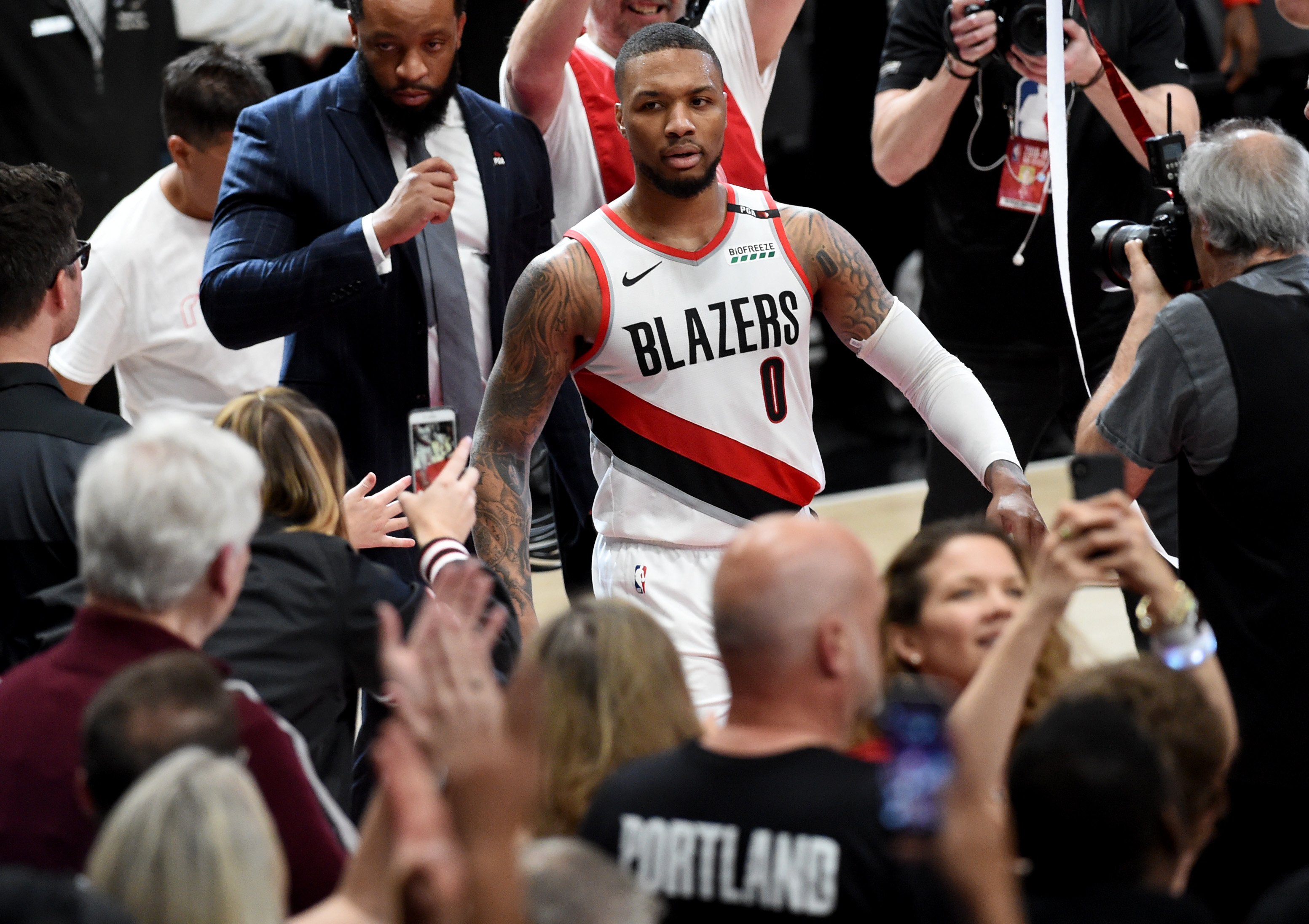 Blazers star Damian Lillard reacts after his game-winning shot against the OKC Thunder in the first round of the 2019 NBA playoffs