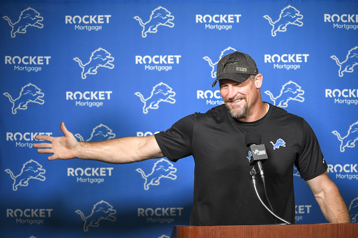 Detroit Lions head football coach Dan Campbell speaks with the media before the Detroit Lions Training Camp on July 28, 2021 in Allen Park, Michigan.