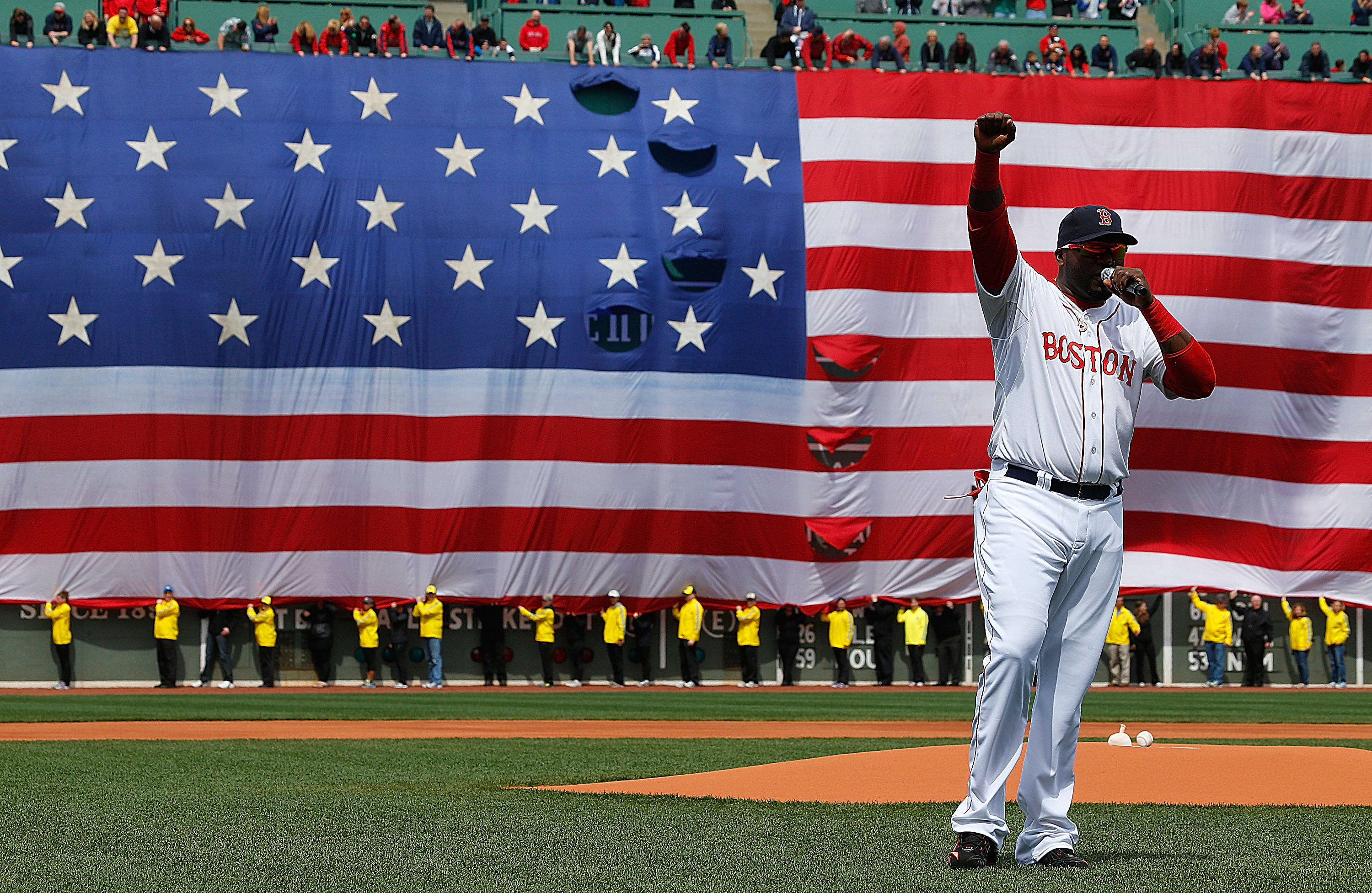 Former Red Sox slugger David Ortiz addresses the Fenway Park crowd after the Boston Marathon bombing in 2013