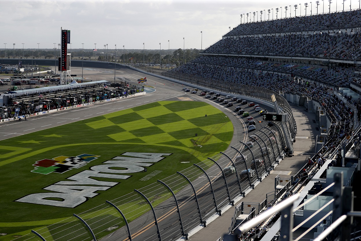 An overview of Daytona International Speedway during a NASCAR Cup Series race in February 2021