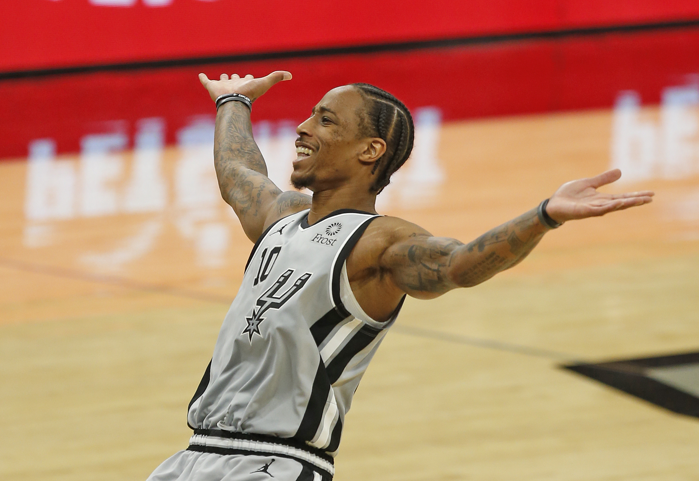 New Chicago Bulls forward DeMar DeRozan reacts during a game in May