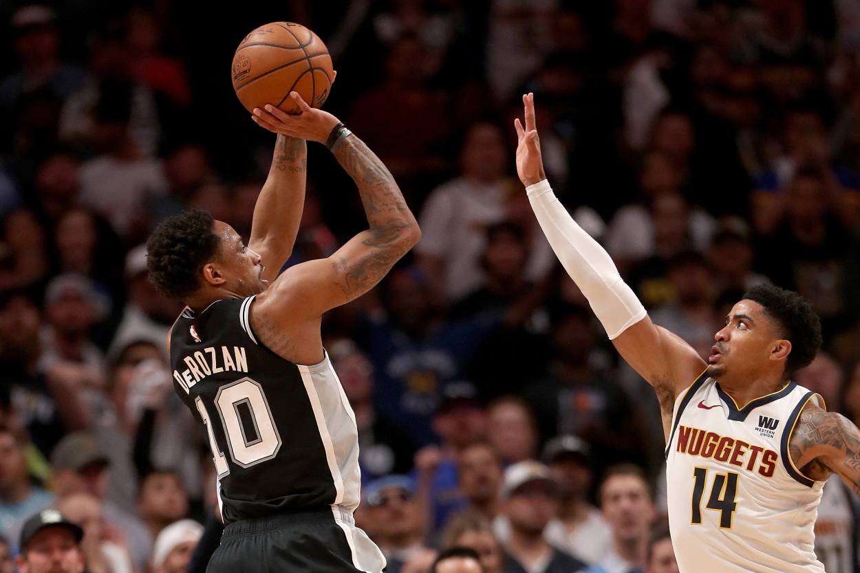 NBA star DeMar DeRozan in a game against the Nuggets in 2019.