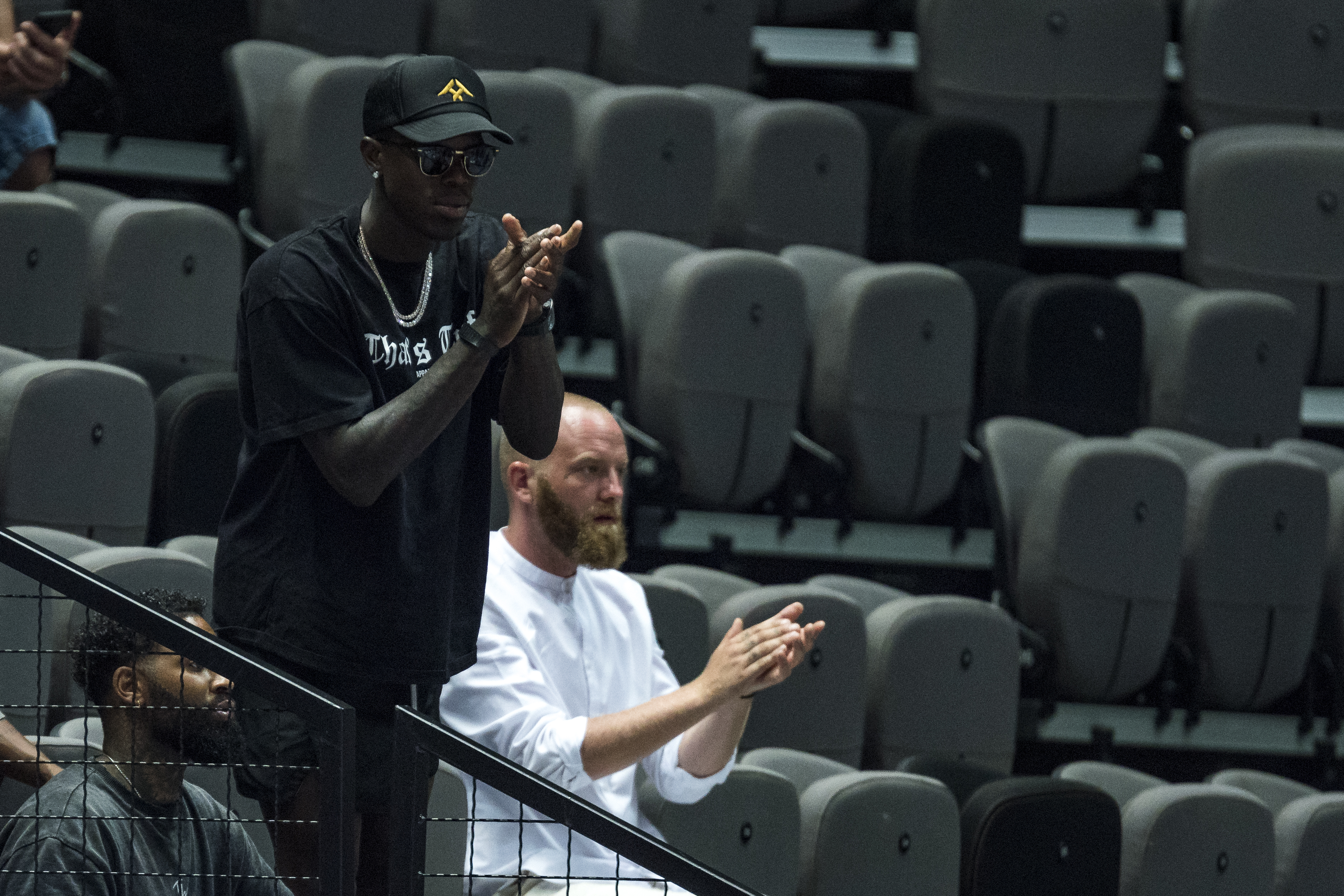 Dennis Schroder cheers on the German national team during the FIBA Olympic Qualifying Tournament final