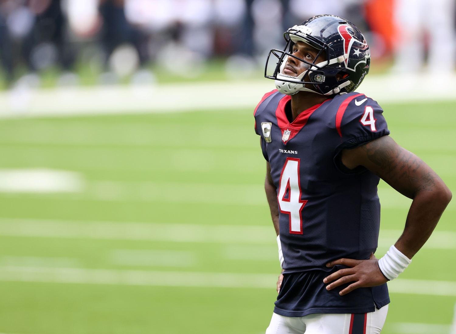 Houston Texans QB Deshaun Watson reacts after a penalty gets called.