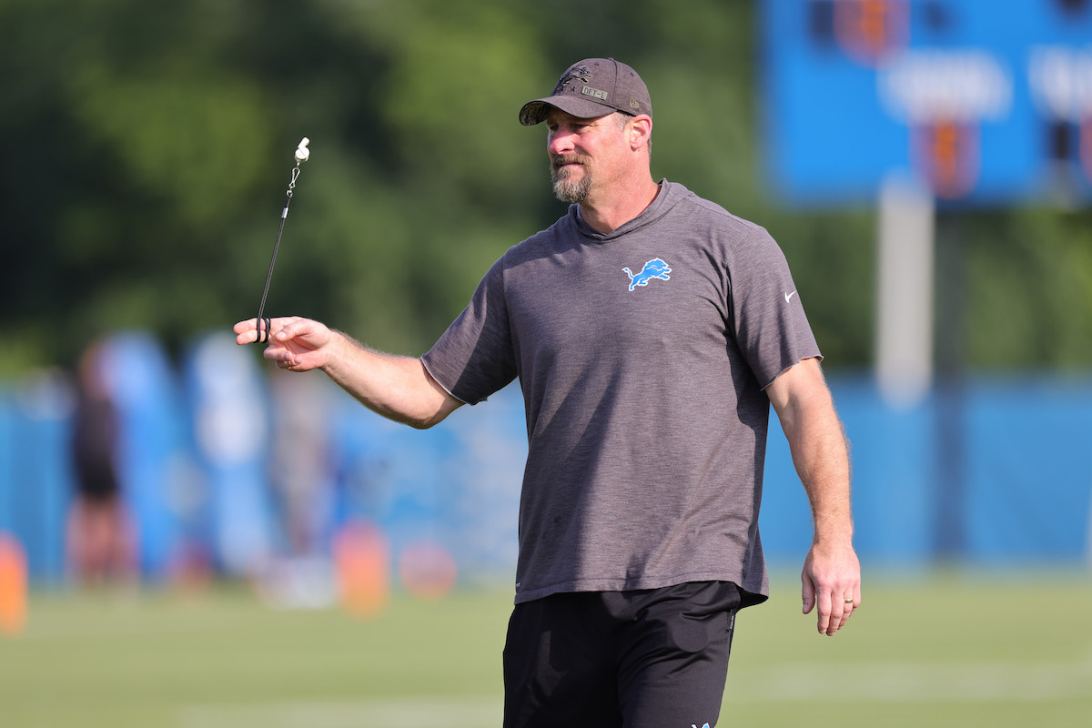 Detroit Lions head coach Dan Campbell watches the action during training camp